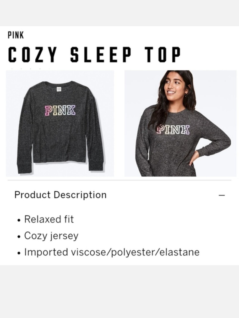 Victoria's secret pink cozy sleep long sleeve pajama top OVERSIZED XS
